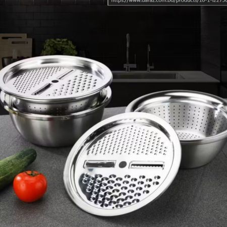 3 In 1 Stainless Steel Basin With Vegetable Cutter & Drain Basket