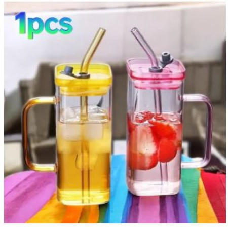 ☕ Stylish 400ml Glass Cup — with Lid & Straw!