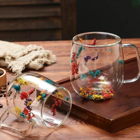 ????Real Dried Flower Double Wall Glass Coffee Mug☕